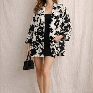 Vintage-Inspired Black White Floral Satin Blazer | Statement Jacket